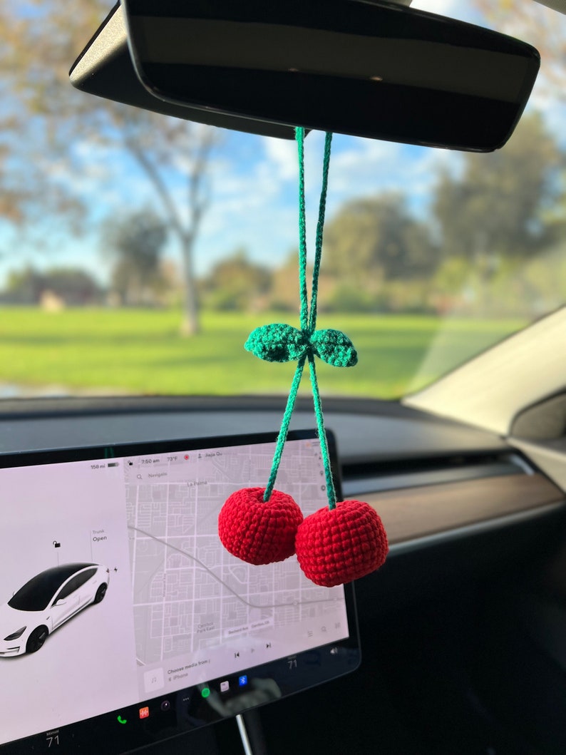 Cherry Car Mirror Hanging Accessories Crochet Cherry Knitted Etsy