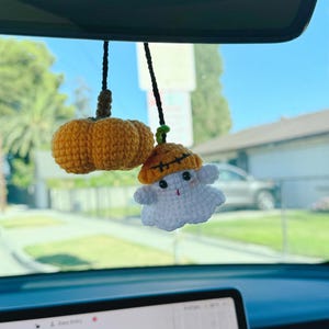ghost and pumpkin car mirror hanging, Crochet bat, new car gift, decorative pumpkins for Car, Halloween car decor,Mini Knit Pumpkins