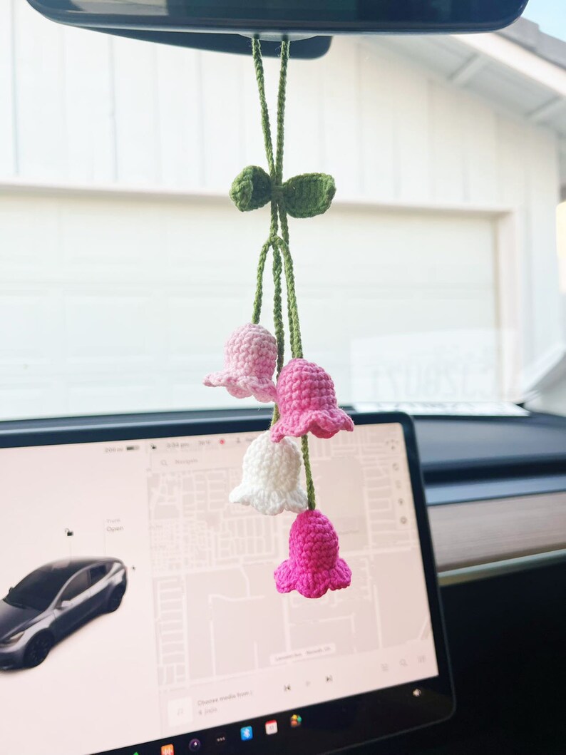 Lily of the Valley mirror hanging accessories, Crochet Lily of the Valley, Knitted flower, Handmade flower, Crochet Gift Idea, Gift For Her multi pink 4