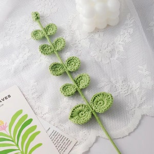 May include: A handmade, light green crochet plant stem with circular leaves. A white, square bubble candle is in the background. A card with a botanical illustration is in the lower left corner.