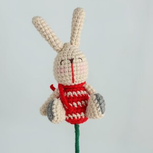 Puede incluir: Un juguete de conejo tejido a crochet con orejas largas, un chaleco con estampado rojo y blanco y patas grises. El conejo tiene una cara sonriente con mejillas rosadas y una nariz roja. El juguete est&aacute; unido a un tallo verde.
