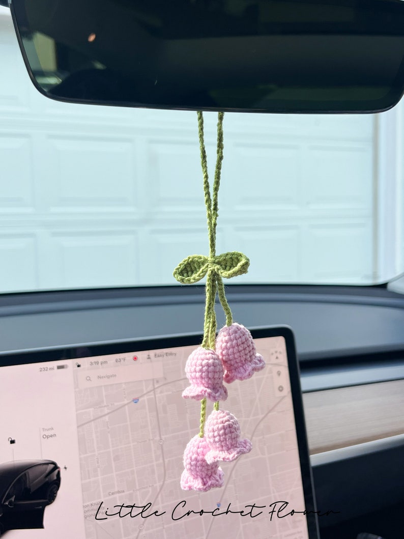 Lily of the Valley mirror hanging accessories, Crochet Lily of the Valley, Knitted flower, Handmade flower, Crochet Gift Idea, Gift For Her pink ( 4 flowers)