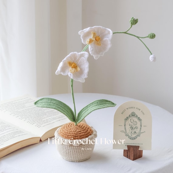 Crochet Flowers in Pot White Orchid Artificial Flowers Knitted