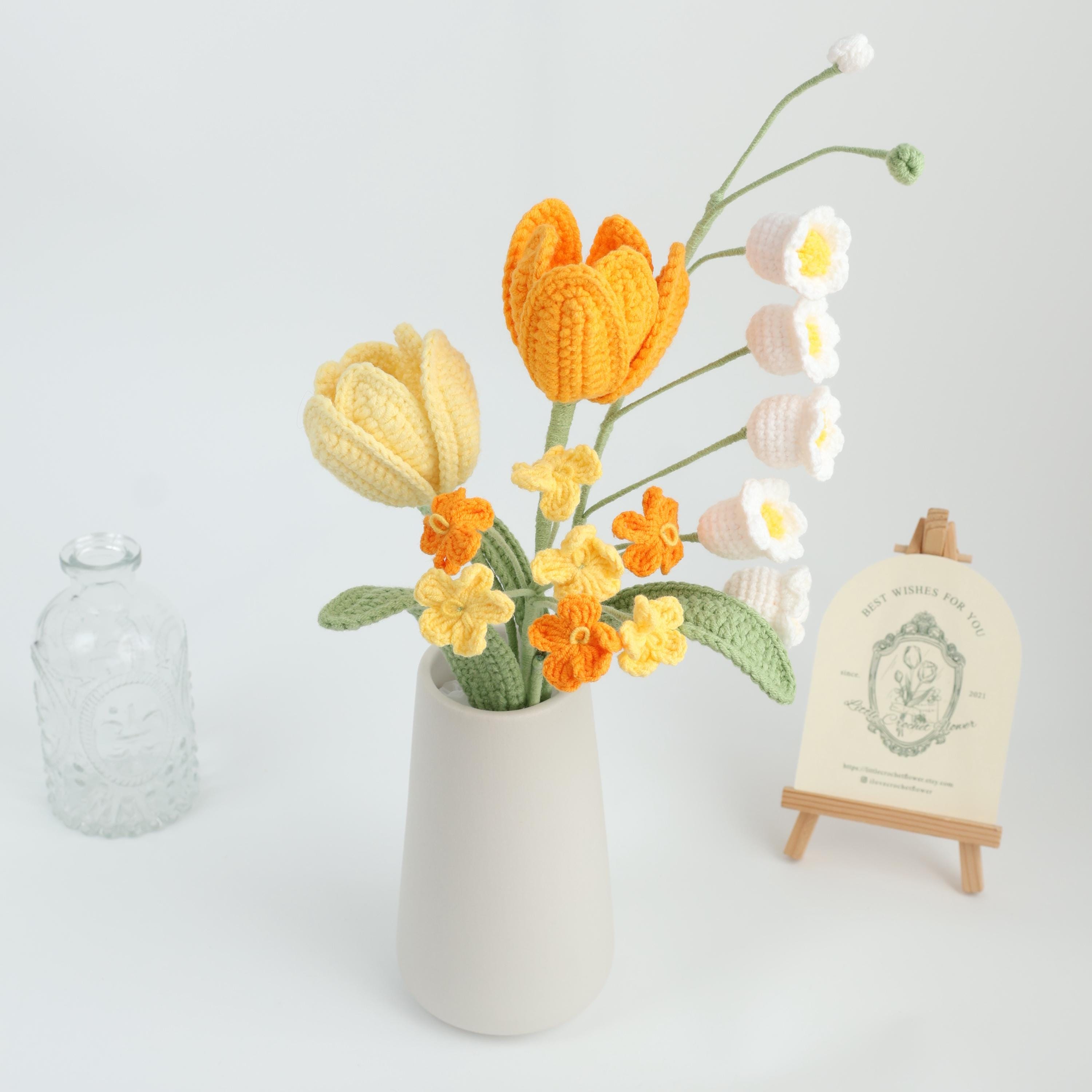 Ramo De 6 Tulipanes De Ganchillo Hechos A Mano - Flores Artificiales De Algodón Con Tallos Flexibles - Multicolor - Decoración Para Jarrón