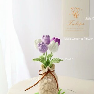 May include: A crocheted bouquet of tulips in a beige vase. The flowers are white, lavender, and purple, with green leaves. The vase is tied with a brown leather cord. A card with the word "Tulips" is in the background.
