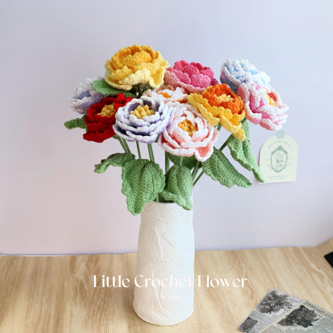 Crochet Peony Flower Handmade Yarn Peony Bloom Stem Realistic Soft