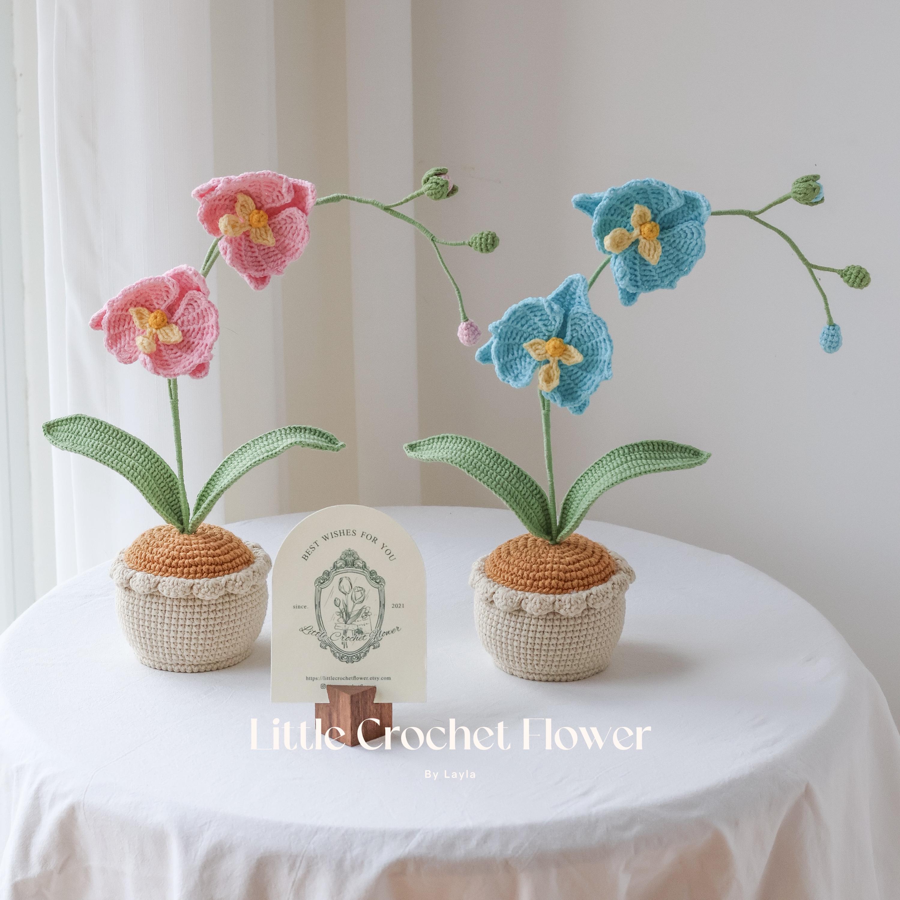 Crochet Flowers in Pot White Orchid Artificial Flowers Knitted