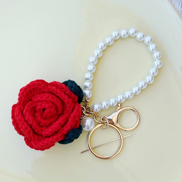 Rose keychain charm, accessories, Crochet, Knitted, Handmade pearl rose keychain charm Gift Idea, Gift For Her, Car Key Chain Decoration