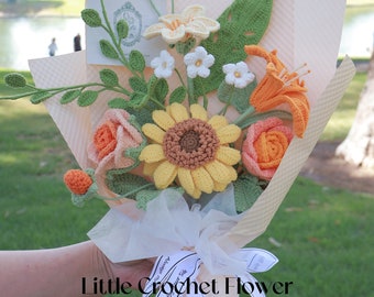 Crochet flower bouquet, hand made, personalized gift for mother, graduation,home decoration,tulip flower, crochet sunflower,finished crochet