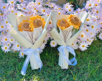 Crochet 2 sunflowers bouquet, hand made, personalized gift for teacher home decoration, knitted sunflower flower,Thanks teacher