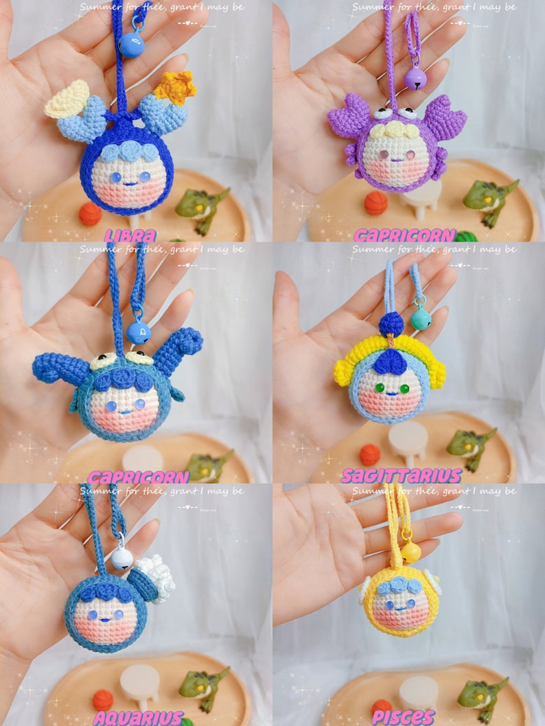 Puede incluir: Un conjunto de 12 amuletos de crochet con los signos del zod&iacute;aco, cada uno con un color y dise&ntilde;o diferente. Los amuletos est&aacute;n hechos de hilo y tienen un aspecto lindo y de dibujos animados. Los amuletos est&aacute;n unidos a una cuerda y tienen una peque&ntilde;a campana al final.