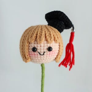 Puede incluir: Una mu&ntilde;eca de graduaci&oacute;n de ganchillo con una cara sonriente, mejillas rosadas y cabello casta&ntilde;o claro. La mu&ntilde;eca lleva un gorro de graduaci&oacute;n negro con una borla roja y un tallo verde.