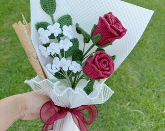 Ramo de rosas de crochet, hecho a mano, regalo personalizado para novia, decoración del hogar, flor de rosa tejida, flor para siempre, ramo de rosas