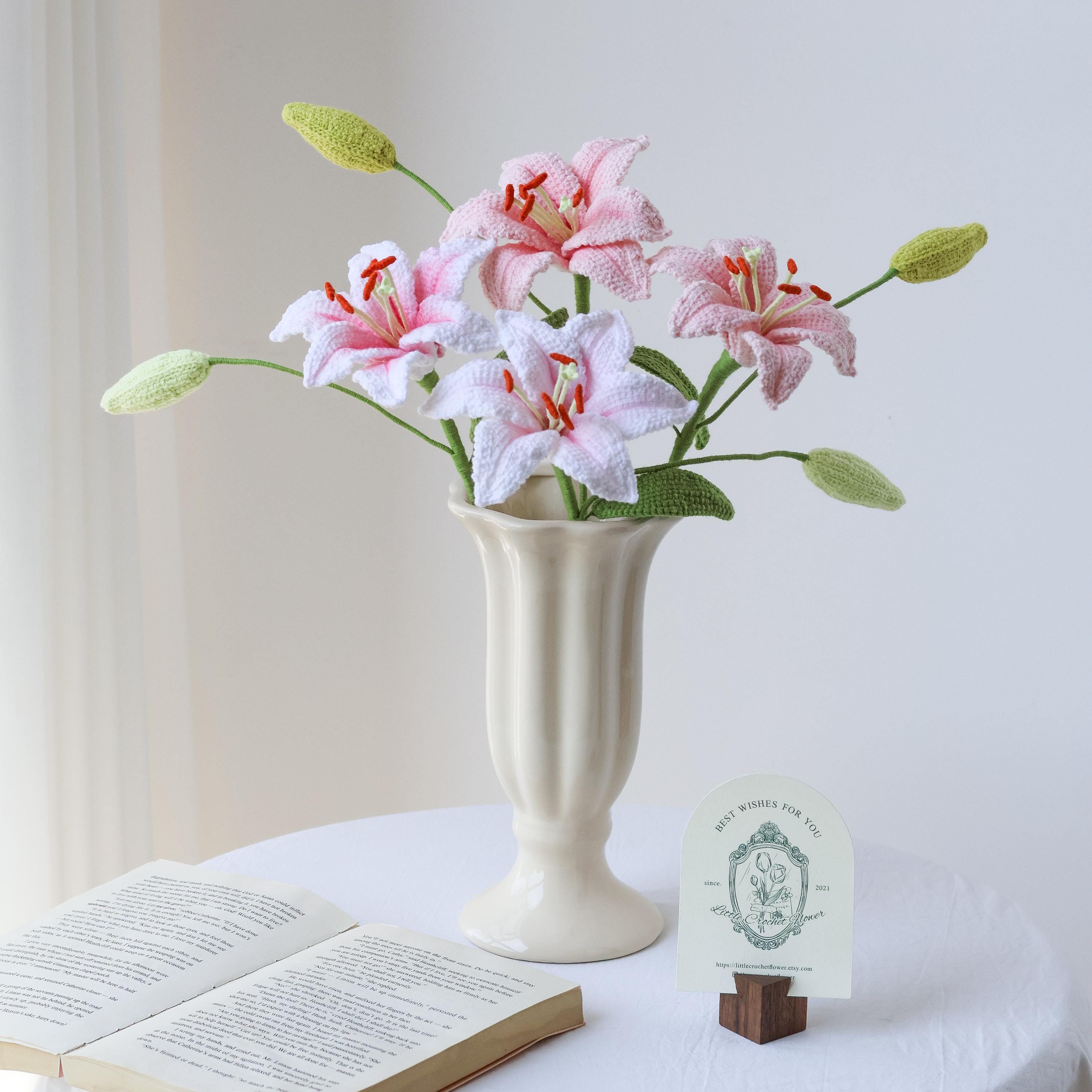 Crochet Lily Flower Bouquet Handmade White Pink Stargazer Lilies