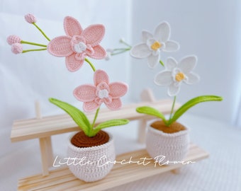 Crochet Flowers in Pot White Orchid Artificial Flowers Knitted Flower Handmade flowers for Home Room Office Car Decoration Phalaenopsis