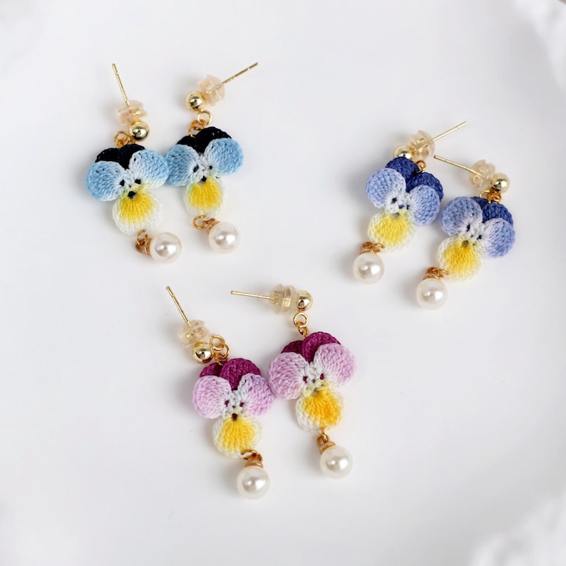 Micro Crochet pansy stud earrings, handmade earrings/Gift For Her/14 k GOLD handmade jewelry/ flower earrings, gift for mom image 10