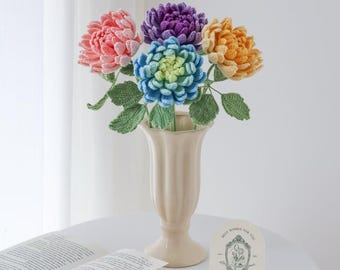 Crochet Dahlia Flower bouquet， Handmade Realistic Yarn Dahlia, Crochet Chrysanthemum Bouquet, Long Stem Crochet Flower for Home Décor