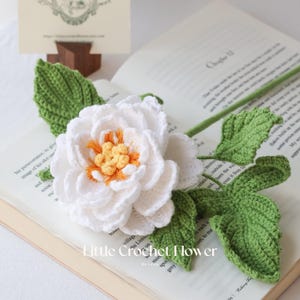 K&ouml;nnte beinhalten: Eine handgefertigte H&auml;kelblume mit wei&szlig;en Bl&uuml;tenbl&auml;ttern, einem orangefarbenen und gelben Zentrum und gr&uuml;nen Bl&auml;ttern. Die Blume liegt auf einem offenen Buch. Der Text "Little Crochet Flower" ist sichtbar.