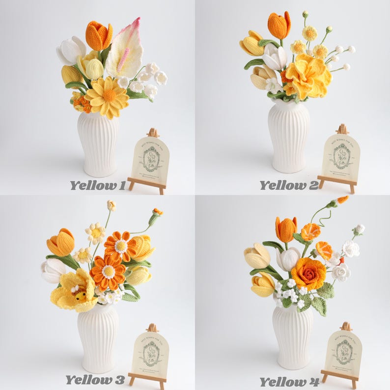 May include: Four arrangements of crocheted flowers in white ribbed vases, labeled Yellow 1 through Yellow 4. Each bouquet features various yellow, orange, and white yarn-crafted blossoms, including tulips, daisies, and roses, with green stems.
