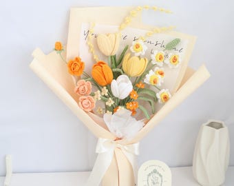 Crochet tulip bouquet, hand made flowers, personalized gift for mother, graduation, home decoration, knitted lavender, forever flower