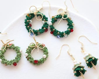 Micro Crochet Christmas wreath dangle earrings, handmade earrings/Gift For Her/14 k GOLD handmade jewelry/ Christmas earrings, gift for mom