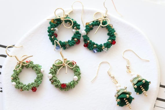 Micro Crochet Christmas wreath dangle earrings, handmade earrings/Gift For Her/14 k GOLD handmade jewelry/ Christmas earrings, gift for mom
