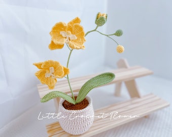 Crochet Flowers in Pot White Orchid Artificial Flowers Knitted Flower Handmade flowers for Home Room Office Car Decoration Dendrobium