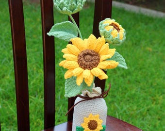 Crochet sunflower vase, hand made personalized gift for mother, graduation,home decoration,crochet gift,crochet sunflower, finished crochet