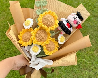 Ramo de flores de ganchillo, flor hecha a mano, regalo personalizado para graduación, decoración del hogar, tulipán. Flor eterna, girasol.