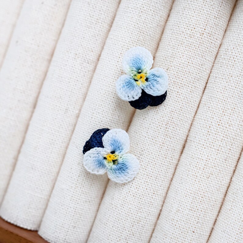 Micro Crochet pansy stud earrings, handmade earrings/Gift For Her/14 k GOLD handmade jewelry/ flower earrings, gift for mom image 5
