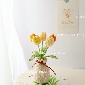 May include: A crocheted bouquet of tulips in a small vase. The flowers are yellow and orange, with green stems and leaves. The vase is beige and tied with a brown ribbon. A card with the word "Tulips" is in the background.