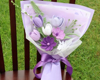 Crochet tulip bouquet, hand made flowers, personalized gift for mother, graduation, home decoration, knitted lavender, forever flower
