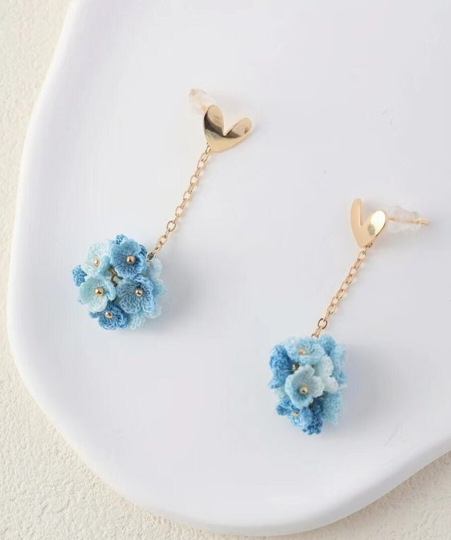 Micro Crochet hydrangeas dangle earrings,handmade earrings/Gift For Her/14 k GOLD handmade jewelry/summer fruit earrings,gift for mom