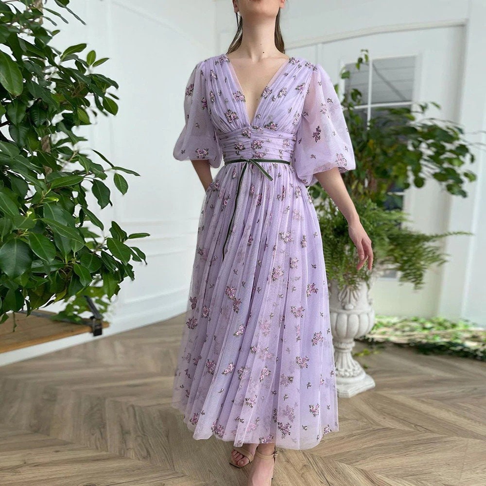 Embroidered Lavender Dress With Puff Sleeves / Tulle Evening Etsy