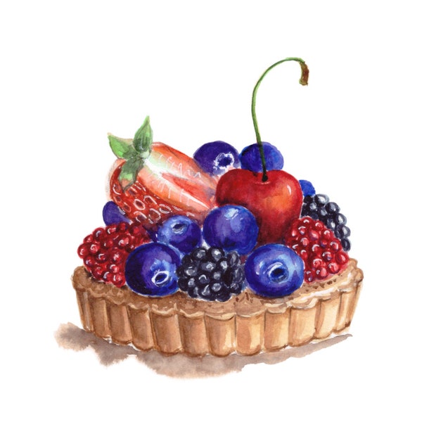 Cake Original Art Works Png, Cherry Cake Png Image Design for Tshirt Mugs Tote Bags, Berries Dessert Cake Watercolor Art Clip Art Image File