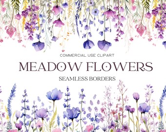 Meadow Flowers Borders Clipart Floral Watercolor Borders Flowers Seamless Border Wild Floral Clipart Wedding Clipart Floral Borders Digital
