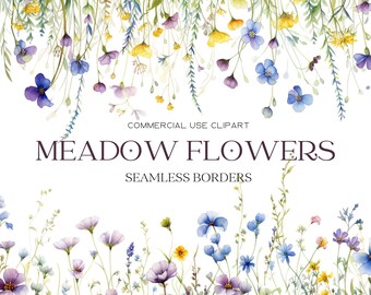 Meadow Flowers Borders Clipart Floral Watercolor Borders Flowers Seamless Border Wild Floral Clipart Wedding Clipart Floral Borders Digital