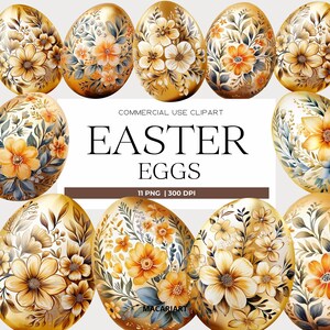 Aquarelle or oeufs de Pâques Clipart Joyeuses Pâques Png Floral printemps Clipart Oeufs de Pâques dorés colorés Png téléchargement numérique artisanat en papier
