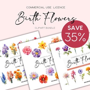 Watercolor Birth Month Flowers Clipart Bundle Digital Watercolor Birth Flower Clipart Watercolor Floral Clipart Flower Png Commercial Use