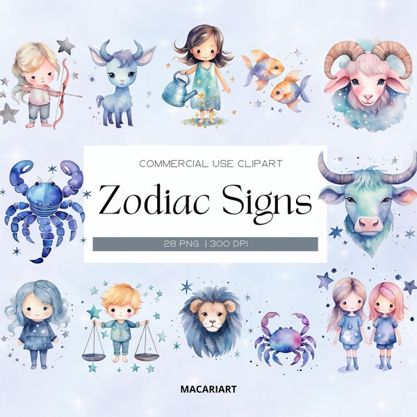 Zodiac Signs Clipart Baby Astrology Star Signs Baby Animal Watercolor Clipart Bundle Horoscope Symbols Nursery Decor Bundle Astrological Art