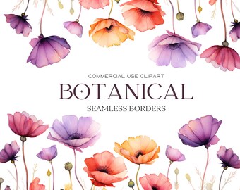 Botanical Flowers Border Clipart Floral Watercolor Borders Flowers Seamless Border Wild Floral Clipart Wedding Clipart Floral Borders