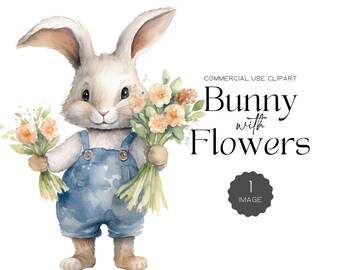 Watercolor Bunny with Flowers Clipart Pack Nursery Spring Clipart Easter Bunny Easter Clipart Transparent Pngs Floral Clipart Commercial Use