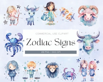 May include: Watercolor illustrations of the 12 zodiac signs, each featuring a cute cartoon animal. The signs are: Aries, Taurus, Gemini, Cancer, Leo, Virgo, Libra, Scorpio, Sagittarius, Capricorn, Aquarius, and Pisces. The illustrations are in a light blue and white color scheme with stars and glitter accents.
