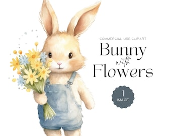 May include: A watercolor illustration of a cute bunny holding a bouquet of yellow and blue flowers. The bunny is wearing blue overalls and has a sweet expression on its face. The image is titled "Bunny with Flowers" and includes the text "1 Image".