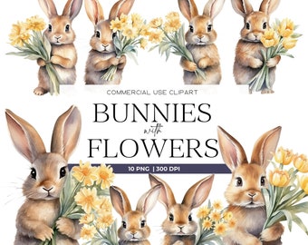 Watercolor Bunny with Flowers Clipart Pack Nursery Spring Clipart Easter Bunny Easter Clipart Transparent Pngs Floral Clipart Commercial Use