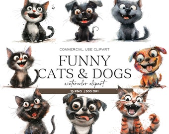 May include: A set of 15 watercolor illustrations of funny cats and dogs. The illustrations are in a cartoon style and feature a variety of expressions. The illustrations are perfect for use in digital scrapbooking, card making, and other creative projects.
