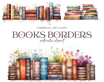 Watercolor Book Border Clipart Bookshelf Png Book Graphics Reading Invite Illustration Digital Planner Digital Scrapbooking Paper Craft