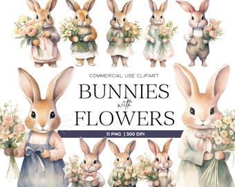 Niedliches Häschen mit Blumen Clipart, Aquarell Häschen, Blumen Häschen Clipart, Ostern Kinderzimmer Kunst, Osterhase Png, Frühlingsblumen, Wildblumen