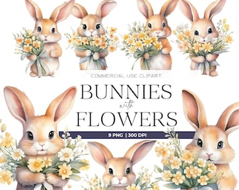 Watercolor Bunny with Flowers Clipart Pack Nursery Spring Clipart Easter Bunny Easter Clipart Transparent Pngs Floral Clipart Commercial Use