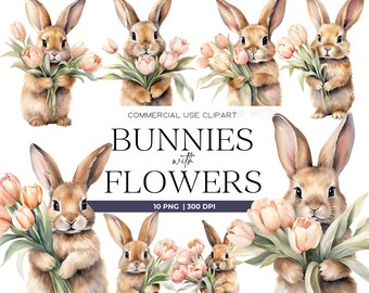 Watercolor Bunny with Flowers Clipart Pack Nursery Spring Clipart Easter Bunny Easter Clipart Transparent Pngs Floral Clipart Commercial Use